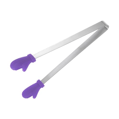 Mini Food Tongs 5.5" Gloves Shape Stainless Steel with Silicon Tips Small Cooking Tongs Kitchen Food Tongs Serving Tongs for Cooking Grilling BBQ Barbecue Kitchen (Purple)