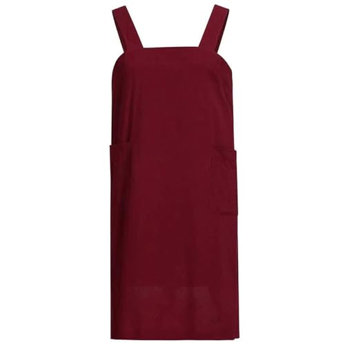 Japanese Pinafore Apron Smock Cotton Apron with Pockets Plus Size Aprons for Women (Wine Red / Medium)
