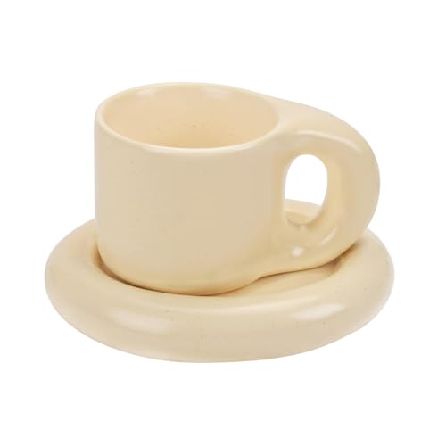 10oz Chubby Handle Ceramic Mug Set With Saucer (Milky Apricot)