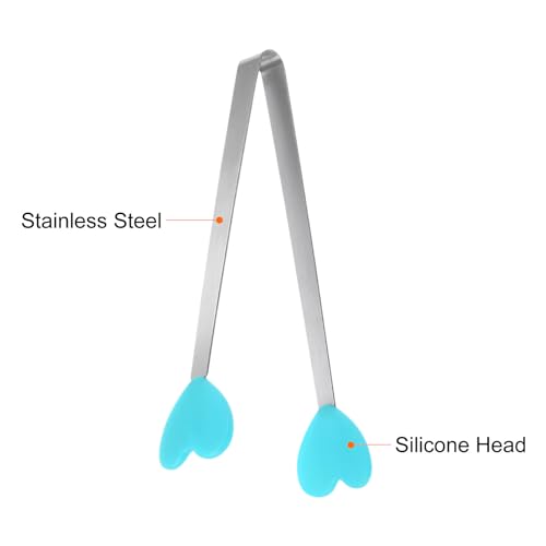 Mini Food Tongs 5.3" Heart Shape Stainless Steel with Silicon Tips Small Cooking Tongs Kitchen Food Tongs Serving Tongs for Cooking Grilling BBQ Barbecue Kitchen (LightBlue)