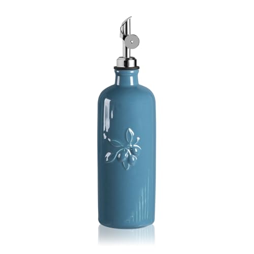 Sweejar Ceramic Olive Oil Dispenser Bottle for Kitchen Counter (Fog Blue / 20 oz (Silver Spout))