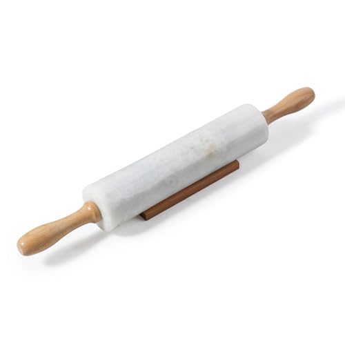 White Marble Rolling Pin With Wooden Handles & Wood Cradle (Namib Fantasy White)