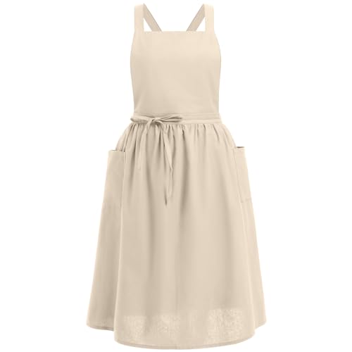Womens Apron Cute Dress for Women Frill Cross Back Cotton Linen Japanese Apron With Pockets Maid Pinafore Apron Housewife Garden Cooking Baking Pottery Pinafore Apron Apricot Adult One Size (Apricot Adult / One Size)