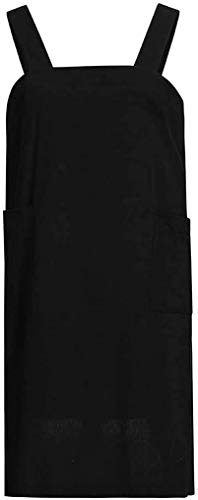 Japanese Pinafore Apron Smock Cotton Apron with Pockets Plus Size Aprons for Women (Black / X-Large)