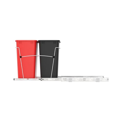 RV-18KD-1618C-S Double Pullout Trash Can for Kitchen Cabinets 35 Qt Garbage Recycling Bin on Full Extension Slides, Red/Black (Red & Black)