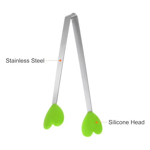 Mini Food Tongs 5.3" Heart Shape Stainless Steel with Silicon Tips Small Cooking Tongs Kitchen Food Tongs Serving Tongs for Cooking Grilling BBQ Barbecue Kitchen (Green)