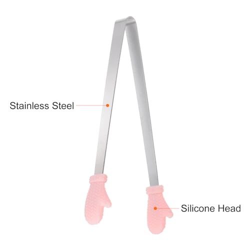 Mini Food Tongs 5.5" Gloves Shape Stainless Steel with Silicon Tips Small Cooking Tongs Kitchen Food Tongs Serving Tongs for Cooking Grilling BBQ Barbecue Kitchen (Pink)