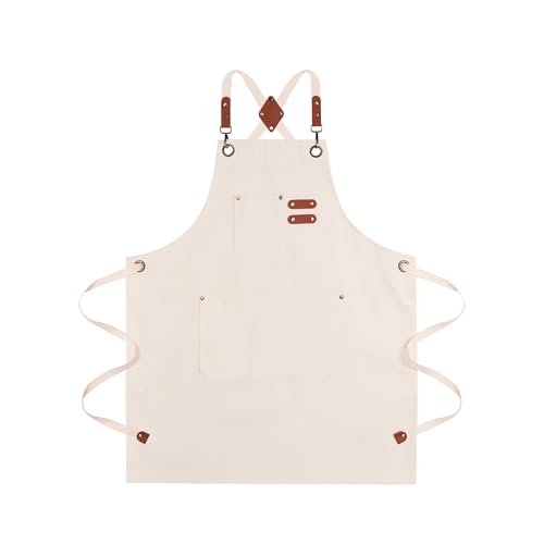 Chef Aprons for Men Canvas Apron with Large Pockets and Adjustable Neck Strap for Cooking (Cream)