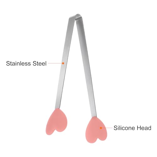 Mini Food Tongs 5.3" Heart Shape Stainless Steel with Silicon Tips Small Cooking Tongs Kitchen Food Tongs Serving Tongs for Cooking Grilling BBQ Barbecue Kitchen (CoralPink)