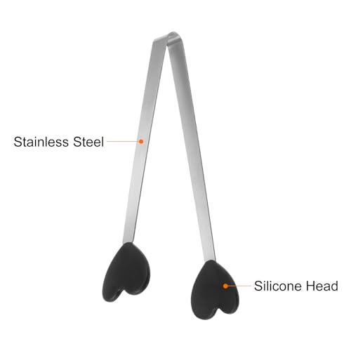 Mini Food Tongs 5.3" Heart Shape Stainless Steel with Silicon Tips Small Cooking Tongs Kitchen Food Tongs Serving Tongs for Cooking Grilling BBQ Barbecue Kitchen (Black)