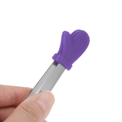 Mini Food Tongs 5.5" Gloves Shape Stainless Steel with Silicon Tips Small Cooking Tongs Kitchen Food Tongs Serving Tongs for Cooking Grilling BBQ Barbecue Kitchen (Purple)