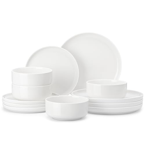 12 Pcs Porcelain Plates and Bowls Sets (Ivory White / 12 Pcs (Service for 4))