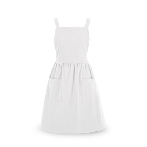 Cute Cotton Pinafore Aprons for Women with Pockets for Kitchen (White)