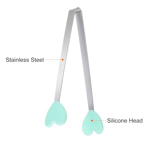 Mini Food Tongs 5.3" Heart Shape Stainless Steel with Silicon Tips Small Cooking Tongs Kitchen Food Tongs Serving Tongs for Cooking Grilling BBQ Barbecue Kitchen (LightGreen)