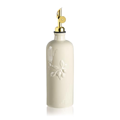 Sweejar Ceramic Olive Oil Dispenser Bottle for Kitchen Counter (Beige / 20 oz (Gold Spout))