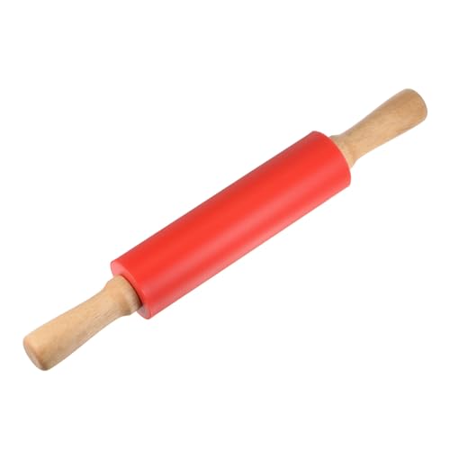Silicone Rolling Pins for Baking 15 Inch Wooden Handle Non Stick Rolling Pin Small Roller Playdough Rolling Pins for Dough Pizza Pastry Fondant Kitchen (Red / 38cm x 5.2cm)