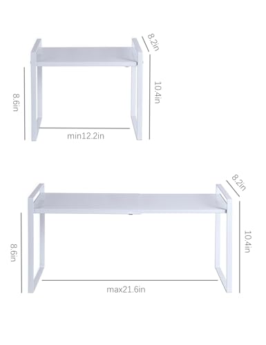 2 Pack Expandable Cabinet Shelf Organizer Riser for Kitchen Pantry Cupboard Under Sink Countertop (8.2''D * 12.2-21.6''W * 10.4''H(2 Pack) / White)
