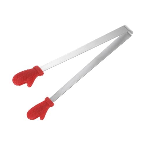 Mini Food Tongs 5.5" Gloves Shape Stainless Steel with Silicon Tips Small Cooking Tongs Kitchen Food Tongs Serving Tongs for Cooking Grilling BBQ Barbecue Kitchen (Red)