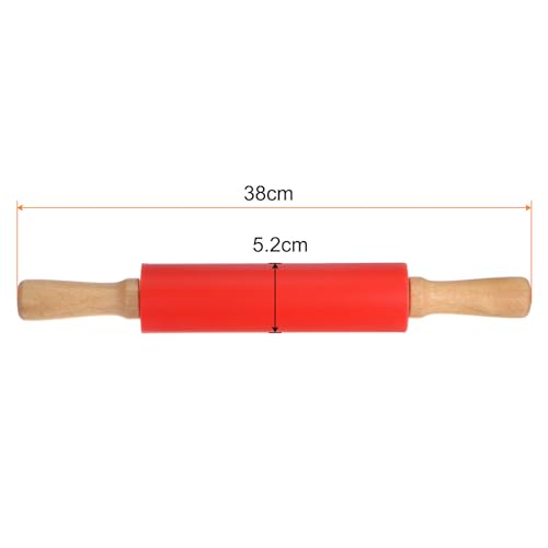 Silicone Rolling Pins for Baking 15 Inch Wooden Handle Non Stick Rolling Pin Small Roller Playdough Rolling Pins for Dough Pizza Pastry Fondant Kitchen (Red / 38cm x 5.2cm)