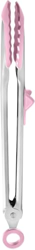 Tongs With Silicone Tips Easy Grip 13" Long Kitchen Tongs Stainless Steel Handle For Cooking (Pink Sorbet)