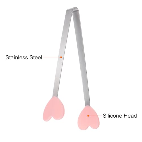 Mini Food Tongs 5.3" Heart Shape Stainless Steel with Silicon Tips Small Cooking Tongs Kitchen Food Tongs Serving Tongs for Cooking Grilling BBQ Barbecue Kitchen (Pink)