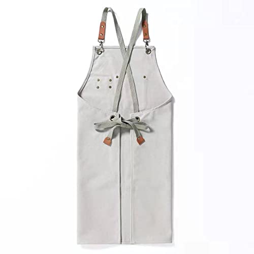 Canvas Cross Back Chef Cotton Aprons for Men Women with Large Pockets (Beige)
