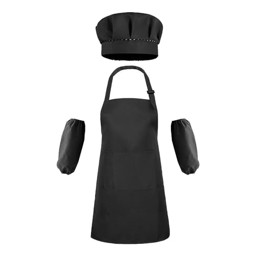 Kids Apron Set Chef Hat Sleeve Outfit Costume Toddler Girl Boy Aprons Cooking Baking Painting 5 (Apron Hat Sleeve Set / Black)
