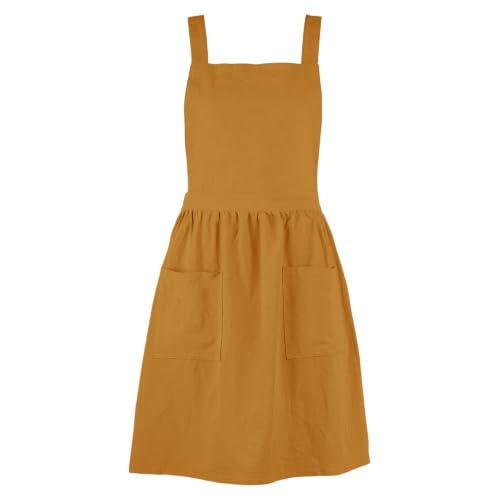 Linen Cotton Pinafore Apron Dress for Women with Pockets (Orange)