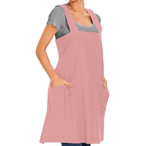 Women's Cotton Cross Back Apron Pinafore Dress with Big Pockets Loose Square Apron for Baking Cooking Gardening (Pink / Small)