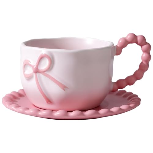 Bow Coffee Mug Pink Coquette Coffee Mugs Set with Saucer 12 OZ Porcelain Tea Cup Bow Cute Mug for Women Girl (#B Pink Bow Coffee Mug)