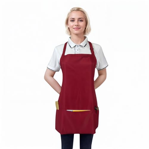 Adjustable Waterproof Aprons with 3 Pockets for Men Women (Red)