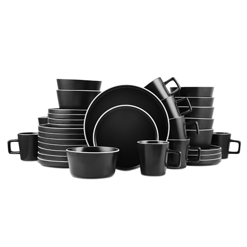 Allison Stoneware Dish Set (Dinnerware Set / Service For 8 / Black Matte, White Rim)