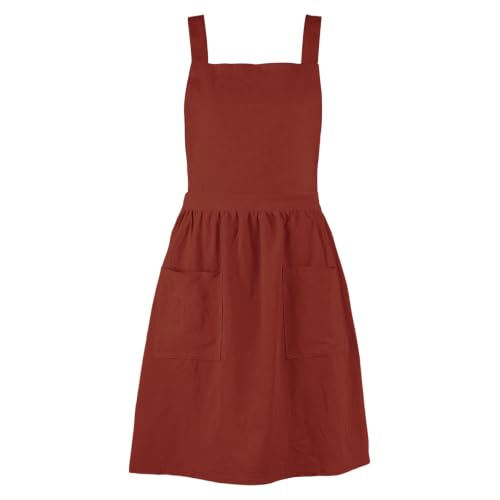 Linen Cotton Pinafore Apron Dress for Women with Pockets (Brick Red)