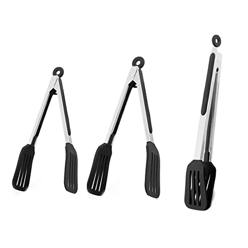 3 PCS Stainless Steel & Silicone Cooking Tongs Set (7 & 9 & 12 inch / Black)