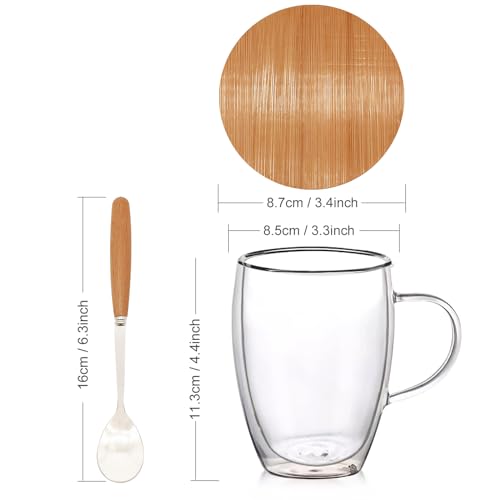 4 Pack 12oz Double Walled Glass Coffee Mugs with Bamboo Lid