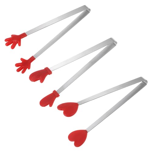 Mini Food Tongs 5.5" Pattern Shape Stainless Steel with Silicon Tips Small Cooking Tongs Kitchen Food Tongs Serving Tongs for Cooking Grilling BBQ Barbecue Kitchen (Red)