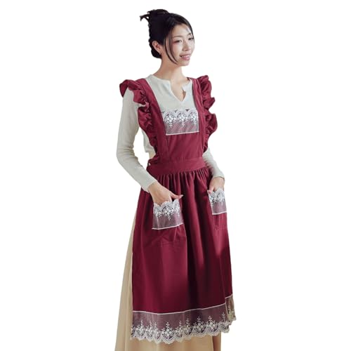 Cute Cotton Apron Frilly Lace Ruffle Adjustable Pinafore Apron Dress with Pockets for Cooking Baking Cleaning Gardening (Carmine)