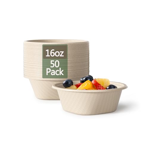 16 Oz Disposable Bowls Heavy Duty Small Paper Bowls made of 100% Compostable Heavy (Natural / 16 Oz)