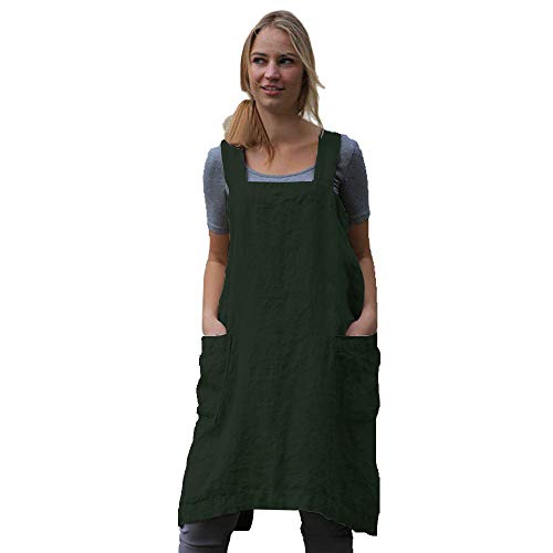 Women's Pinafore Square Apron Baking Cooking Gardening Works Cross Back Cotton (X-Large / Y-dark Green)