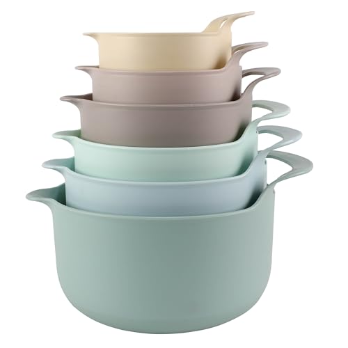 Nesting Plastic Mixing Bowl Set with Pour Spouts and Handles (Mint 6 Piece / 6 Piece Non-Slip)