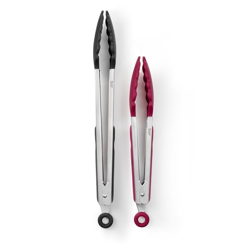 Stainless Steel Tongs with Silicone Tip Set 9" 12" with Easy Lock Mechanism for Grilling Air Fryer Cooking Serving Salad (Black & Sangria / 9" & 12 / Set of 2)