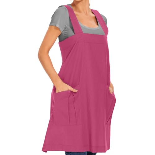Women's Cotton Cross Back Apron Pinafore Dress with Big Pockets Loose Square Apron for Baking Cooking Gardening (Rose Red / Medium)