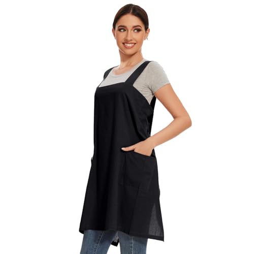 Women Apron with 2 Pockets Cotton Linen Kitchen Baking Cooking Chef Cross Back Pinafore Dress for Work Restaurant Gardening (Large / Black)