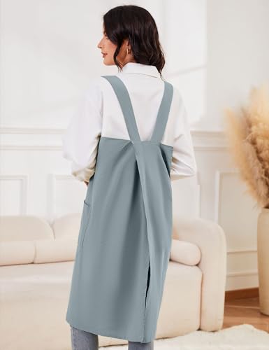 Women's Cotton Cross Back Pinafore with Big Pockets Practical Aprons for Gardening Works (X-Large / Light Blue)