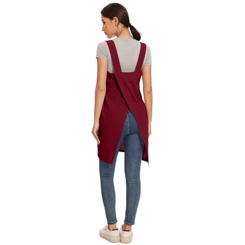 Women Apron with 2 Pockets Cotton Linen Kitchen Baking Cooking Chef Cross Back Pinafore Dress for Work Restaurant Gardening (Small / Wine Red)