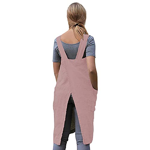 Women's Cross Back Pinafore Apron with Large Pockets Home Kitchen (Medium / Pink)
