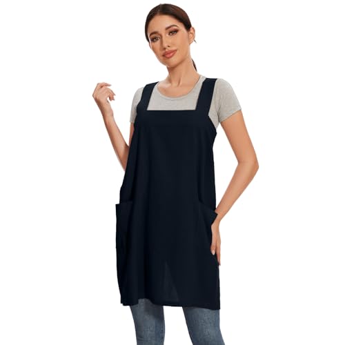 Women Apron with 2 Pockets Cotton Linen Kitchen Baking Cooking Chef Cross Back Pinafore Dress for Work Restaurant Gardening (XX-Large / Tibetan Blue)