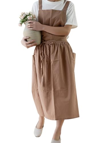 Japanese Cotton Linen Cross Back Work Apron for Women with Pockets Pinafore Dress Smock (01-khaki)