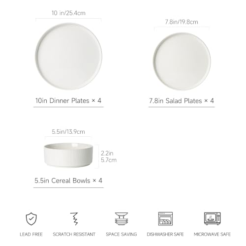 Stoneware Dinnerware Sets for 4 (Cream White / 4-Set(12pcs))