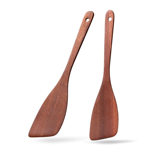 Wooden Spatulas for Cooking (Mahogany Reddish Brown / Thin 12.8" Angled Edge)